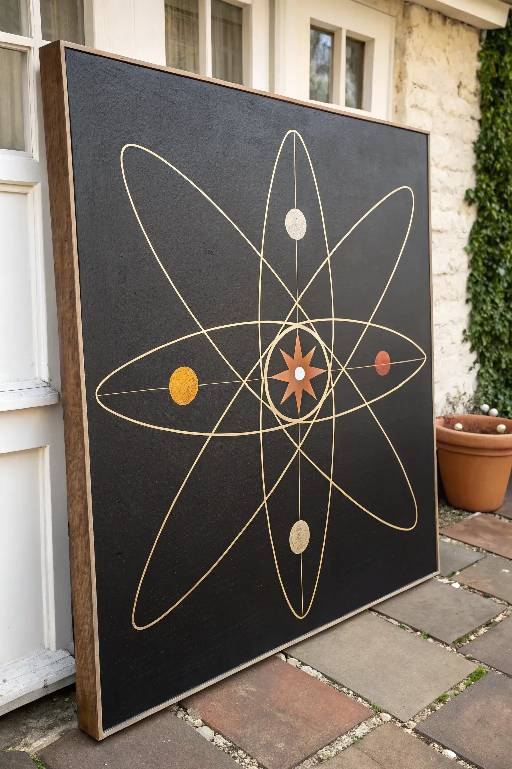 Atomic starburst and orbit lines in warm neutrals on a dark canvas, crisp and minimalist.