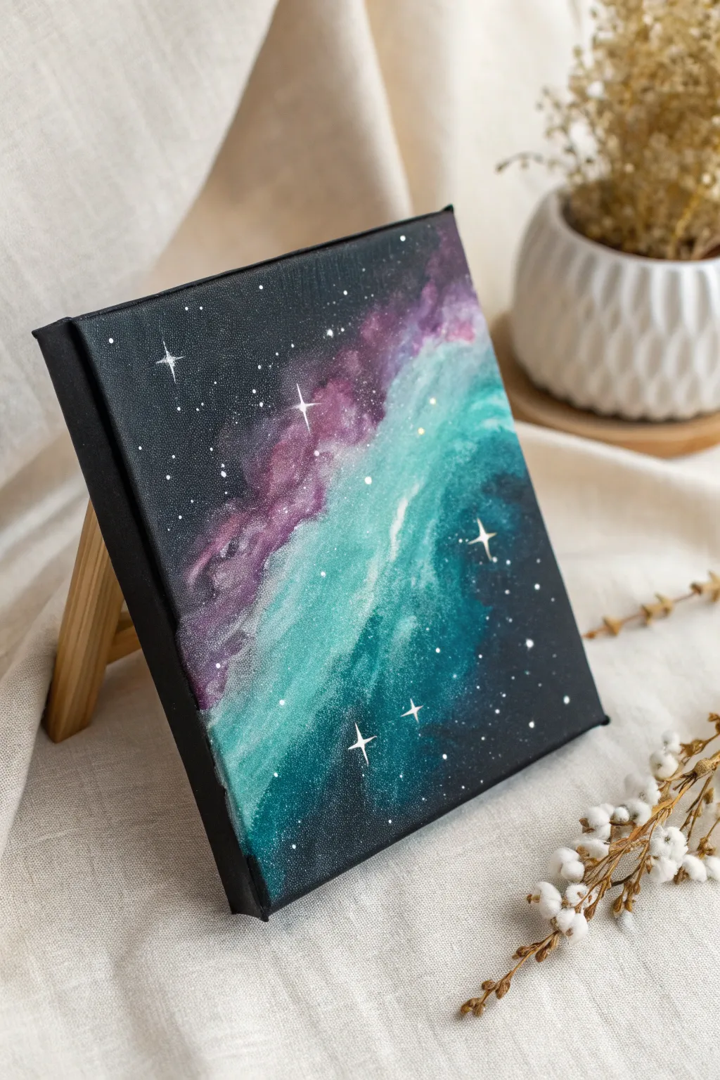 Pocket Galaxy Swipe: tiny black canvas with turquoise-violet nebula and crisp white stars.