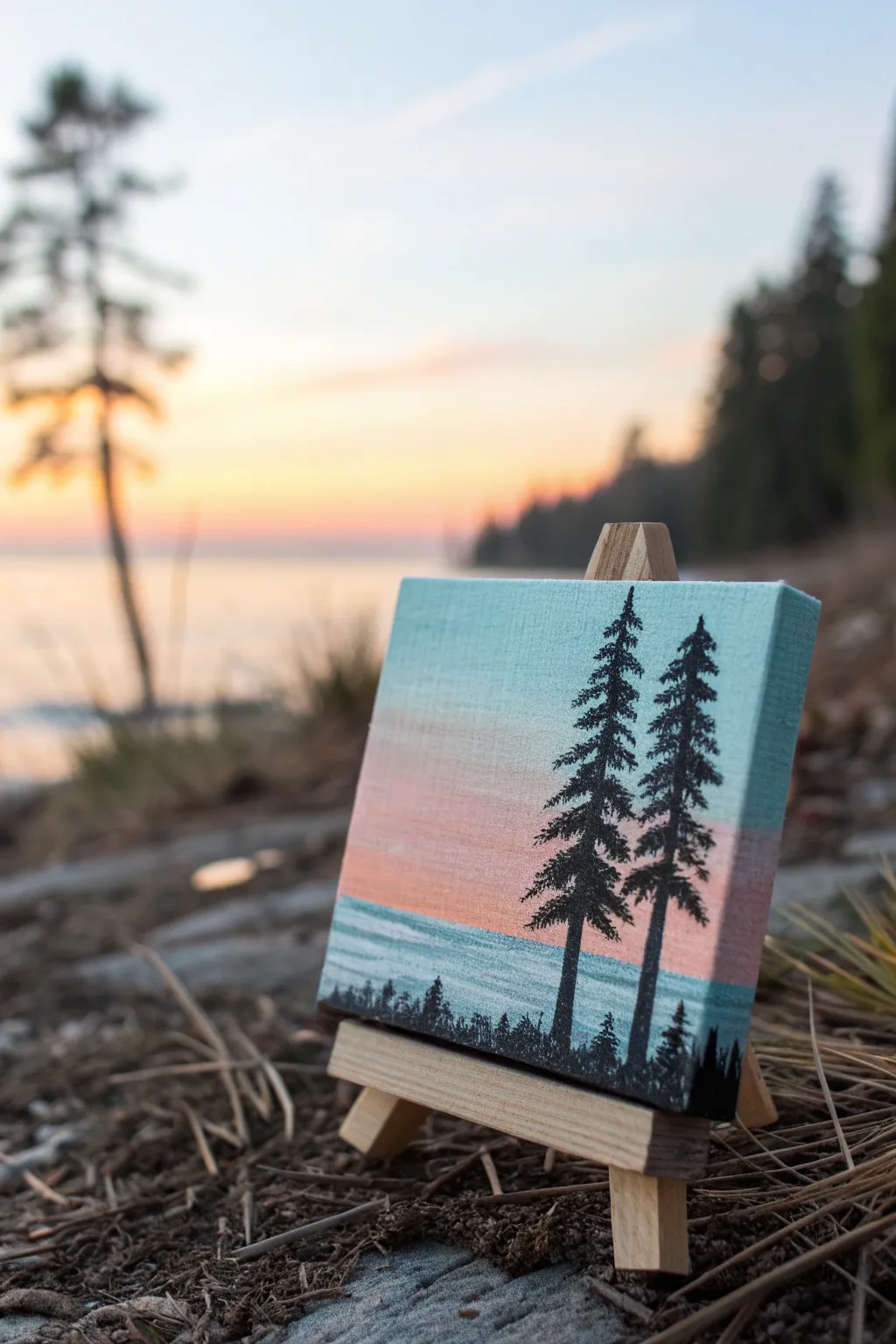 Mini canvas pine silhouette scene with a soft gradient sky and misty depth, simple and bold.
