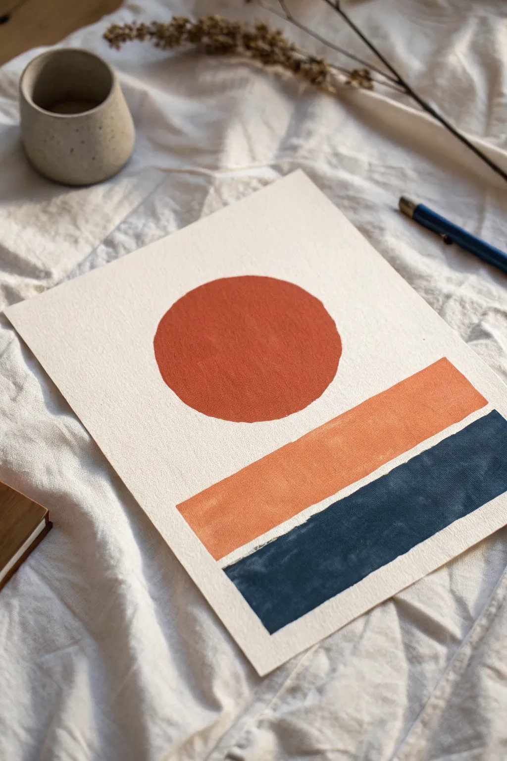 Minimalist sun or moon color block with one bold circle, one horizon line, and a calm 3-color palette