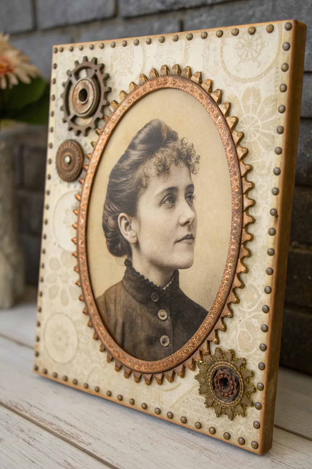 Sepia Victorian portrait with a delicate gear halo, minimalist steampunk mixed media charm.
