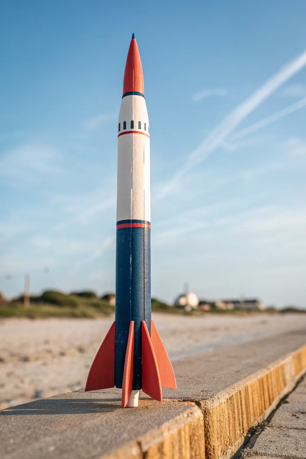 High-visibility two-tone rocket paint with a clean fin-box line for bold contrast in the sky.
