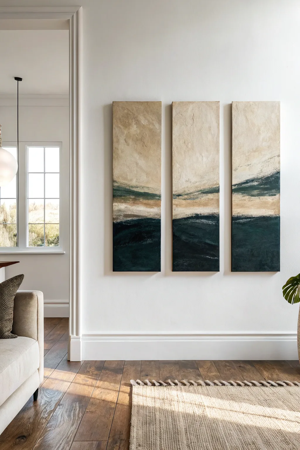 Modern triptych canvas in sand, charcoal and olive brings calm, gallery style to the living room.