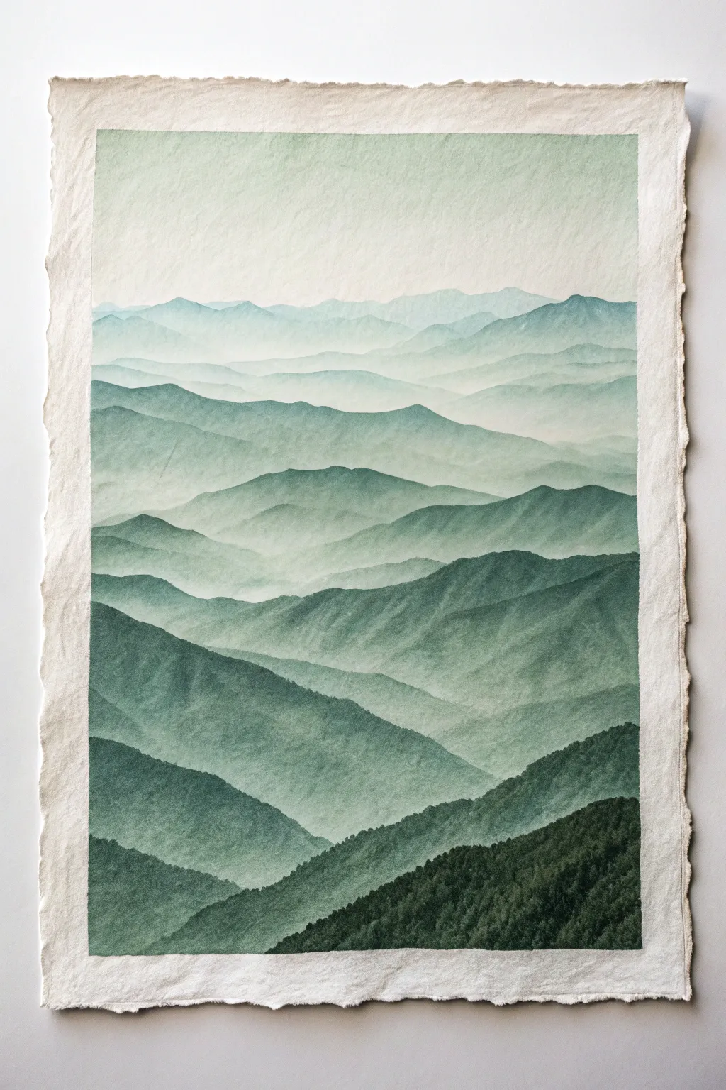 Monochrome mountain layers in one hue, fading with mist to create calm depth and contrast