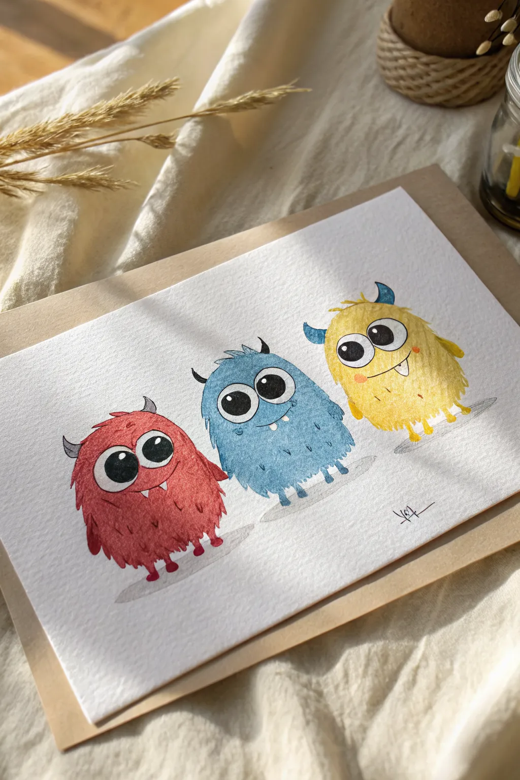 Three-eyed color pop monsters in bold primaries, glossy eyes, and clean minimalist-boho style