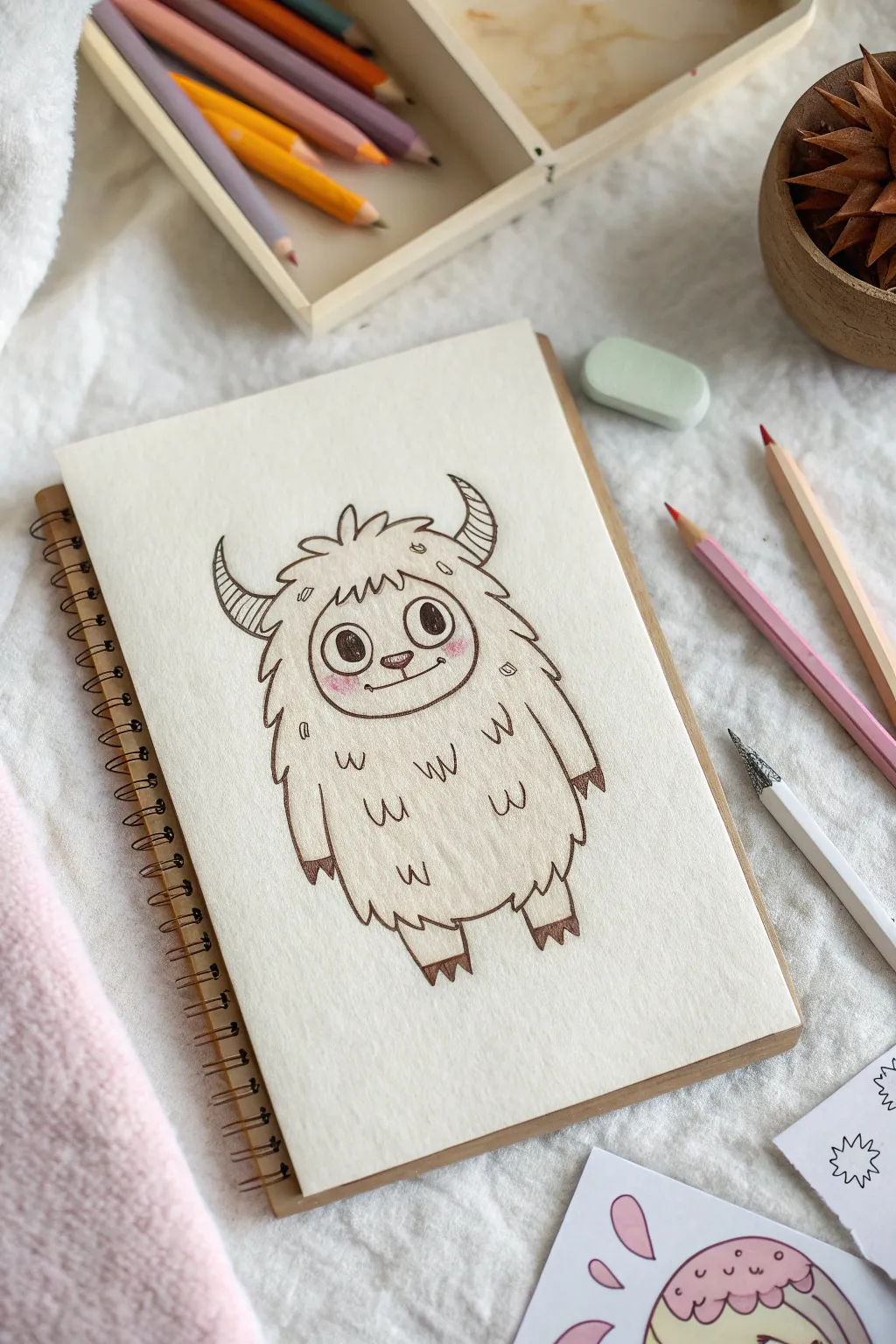 Fuzzy horned monster mascot to draw, with cozy fur texture and tiny waving hands