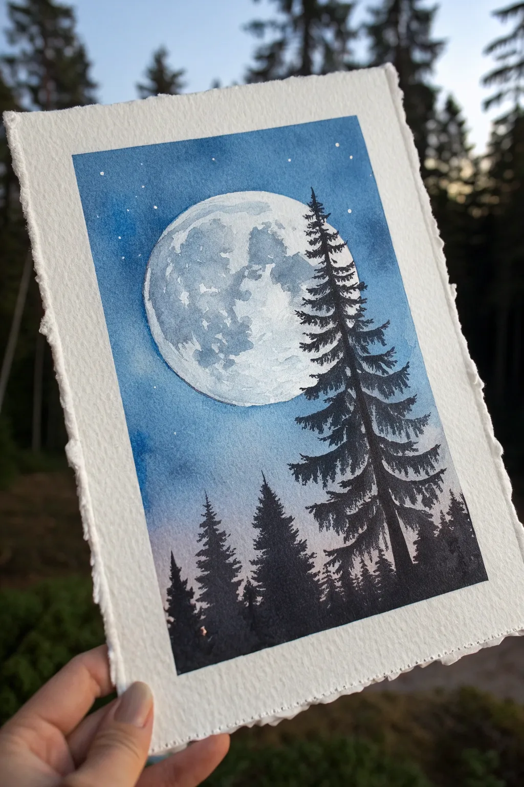 Paint a glowing moon framed by bold pine silhouettes for a calm, high-contrast night scene.