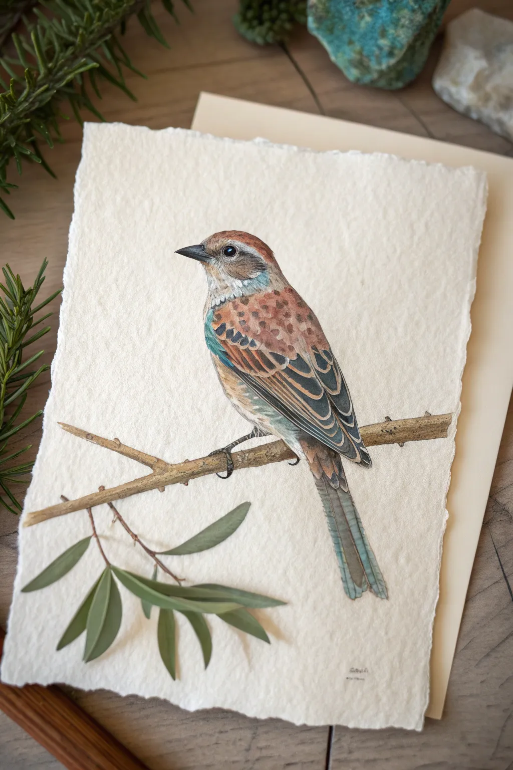 Minimalist mosaic bird profile with layered feather tiles and soft boho color gradients