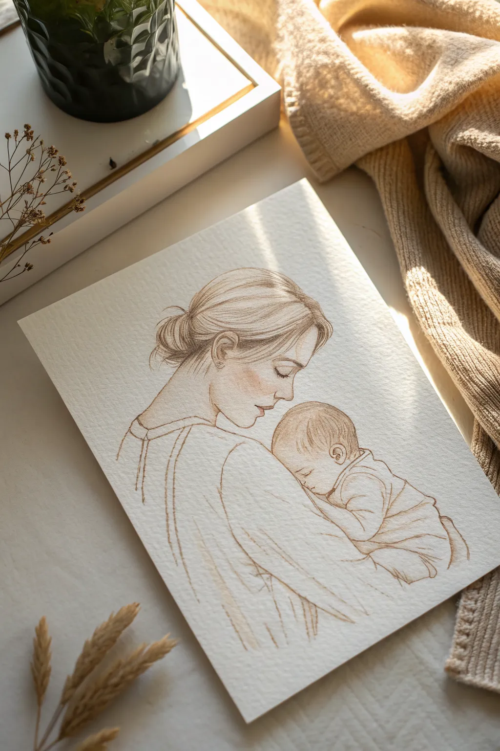 Calm mother-and-son drawing idea with soft pencil lines and a tiny hand detail, cozy and safe.