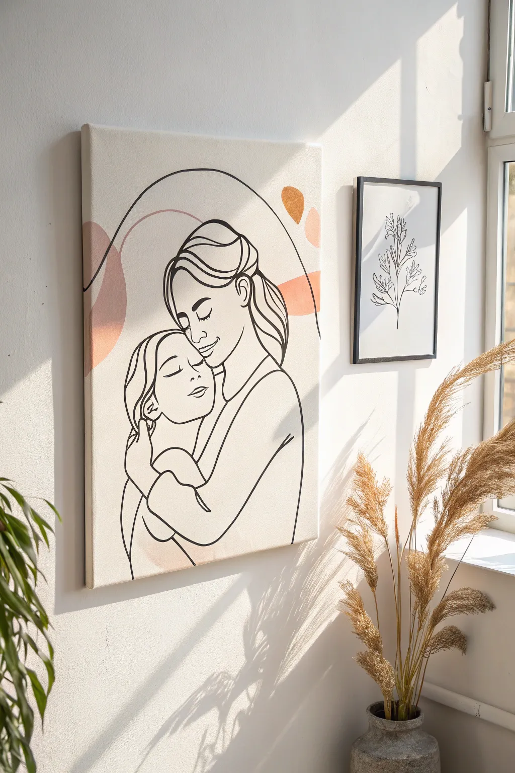 One-line mother and daughter hug with a soft watercolor wash, simple and heartfelt on canvas