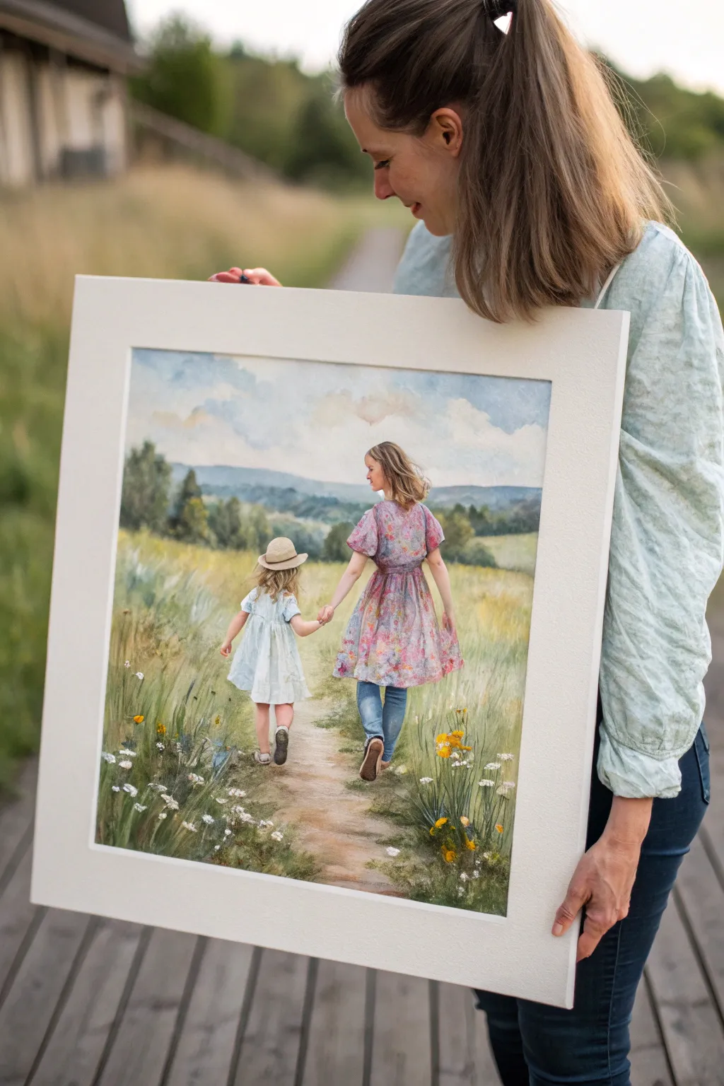 Matching linen dresses and a breezy wildflower walk, a sweet mother daughter painting inspiration.