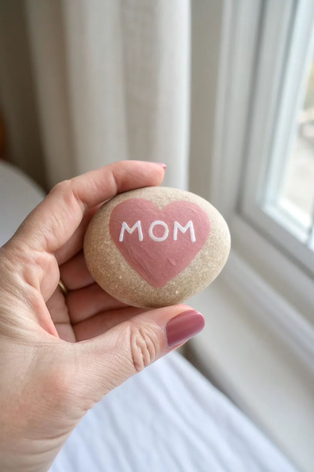 Easy Mothers Day heart rock with Mom lettering, a simple handmade gift with cozy minimal style