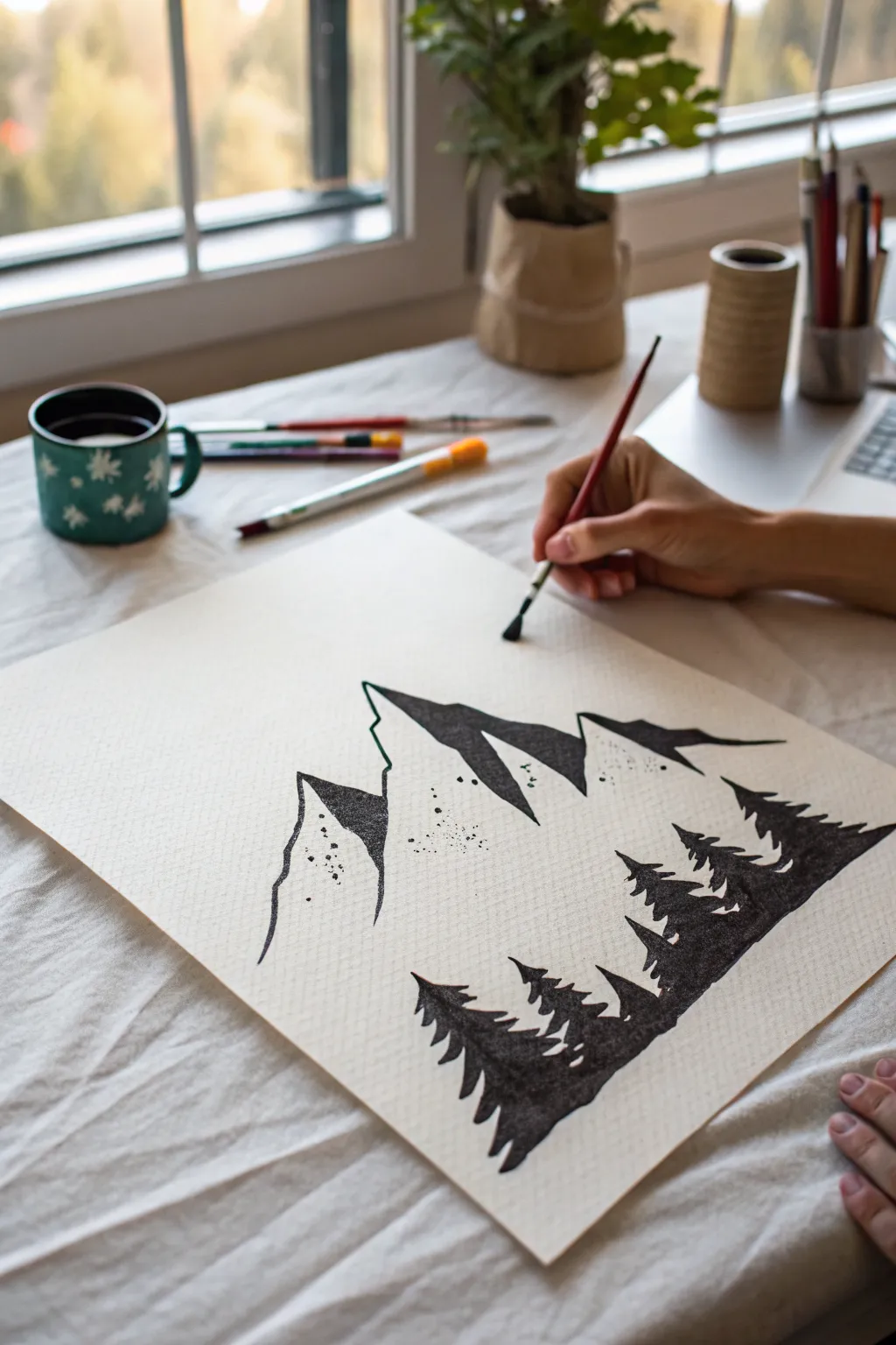 Minimalist single-peak mountain silhouette with bold contrast and calming Scandinavian negative space
