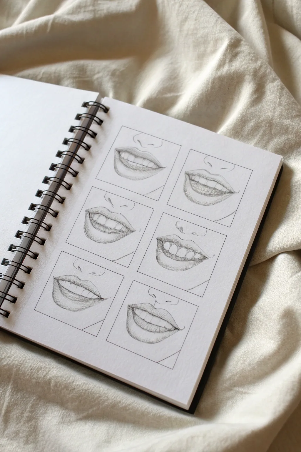 Four closed-lip smile studies with soft corner shading, perfect for subtle expression practice.
