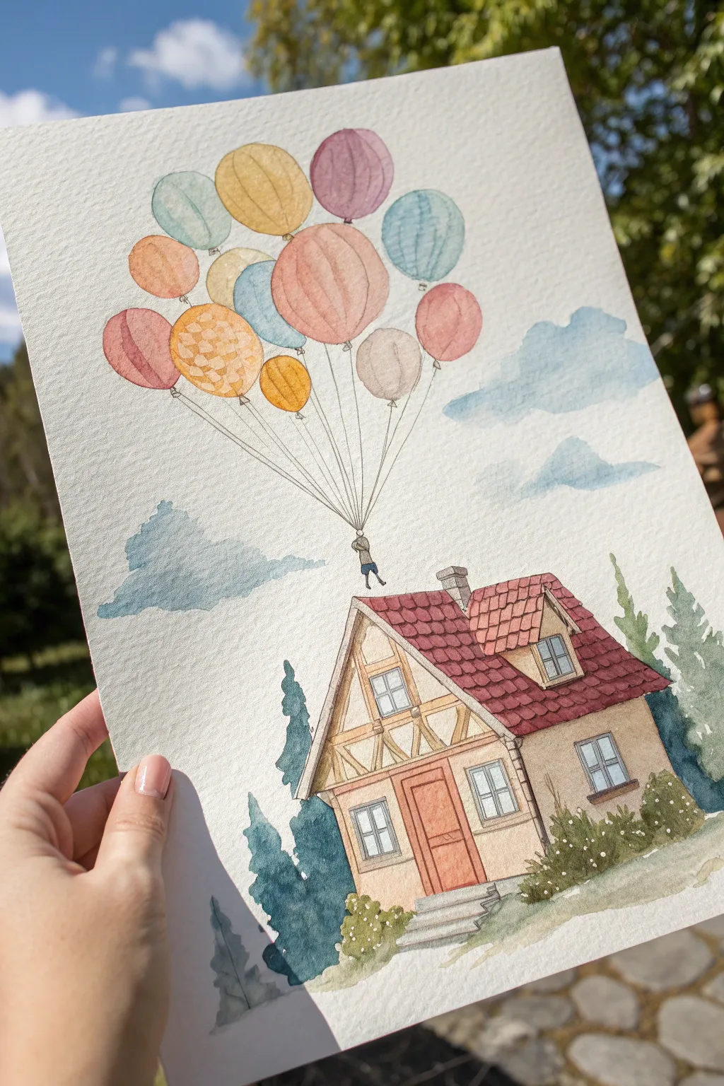 Dreamy balloon-lifted house painting idea with soft sky wash and cozy minimalist charm.