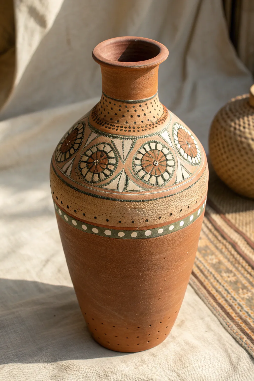 Easy dot-mandala collar on a mud vase: simple layers, soothing neutrals, satisfying texture.