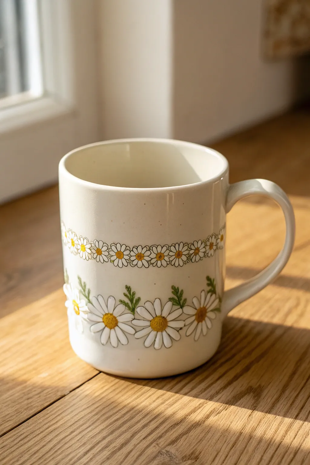 Easy daisy chain florals around a clean ceramic mug, minimalist Nordic look with boho warmth.