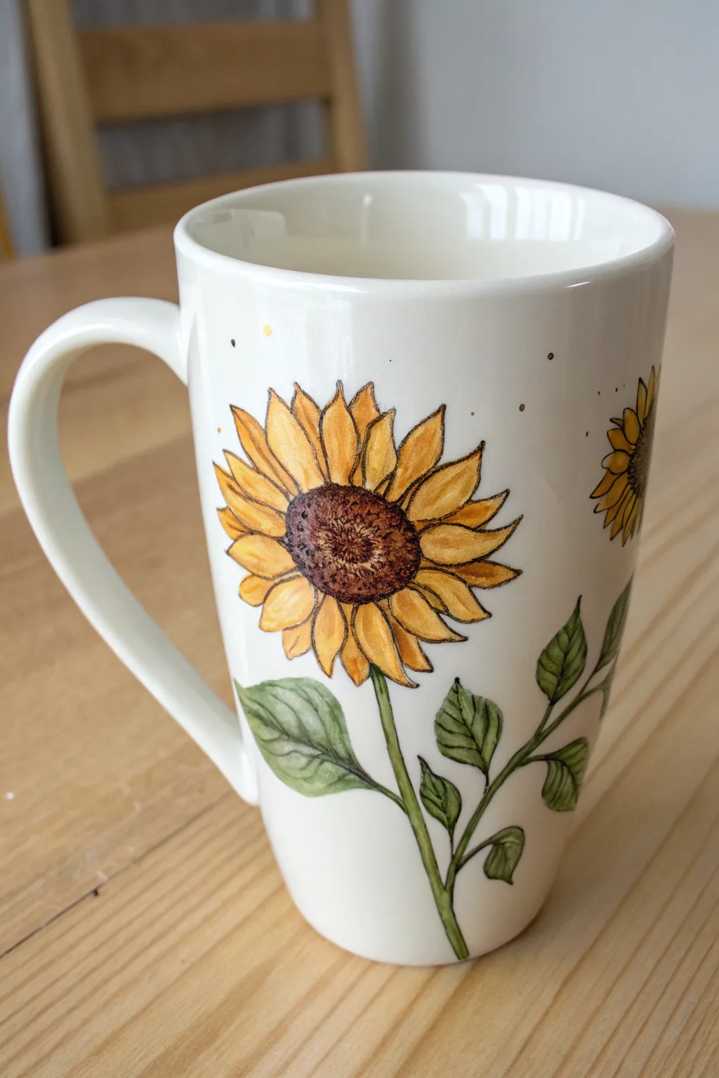 Sunny sunflower mug painting: bold petals, earthy center, and clean minimalist Nordic vibes