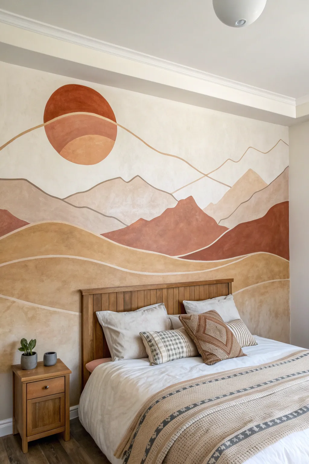 Modern mountain mural with bold sun and oak headboard for a calm Scandinavian boho vibe.