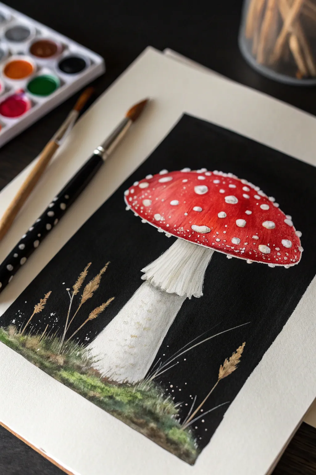 Easy mushroom painting: a glowing red toadstool on matte black for bold contrast and pop