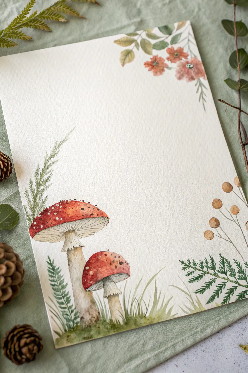 Loose watercolor mushroom studies with soft blooms in warm earthy tones, minimalist calm.