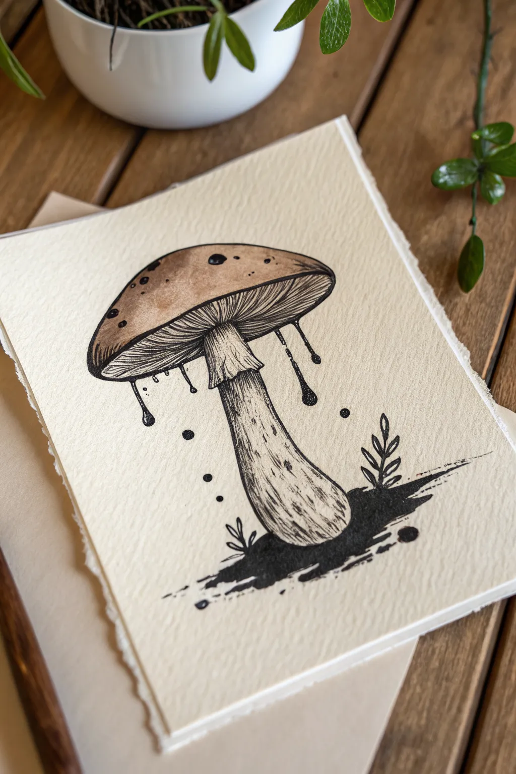 Melted mushroom gills dripping into inky puddles with hidden eyes, minimalist weirdcore mood