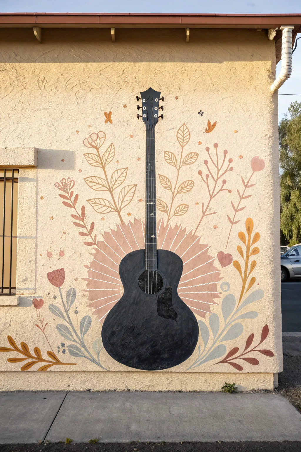 Minimalist guitar silhouette mural with soft radiating sound waves in warm boho tones