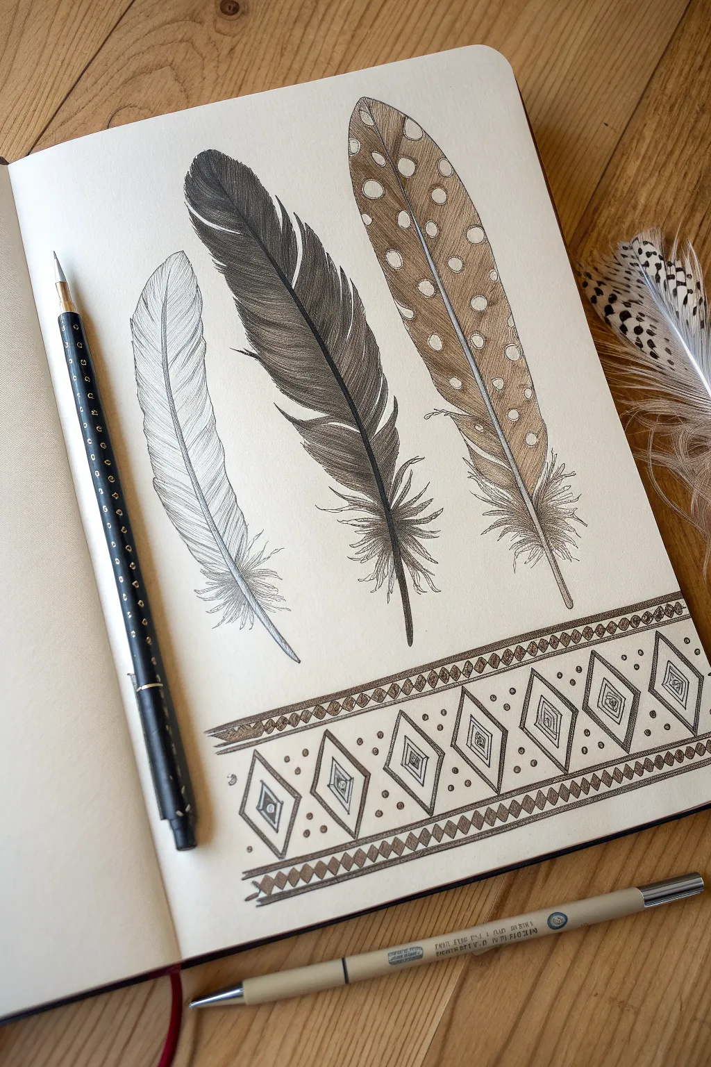 Close-up feather and beadwork study page in minimalist Scandi-boho style, crisp and high contrast
