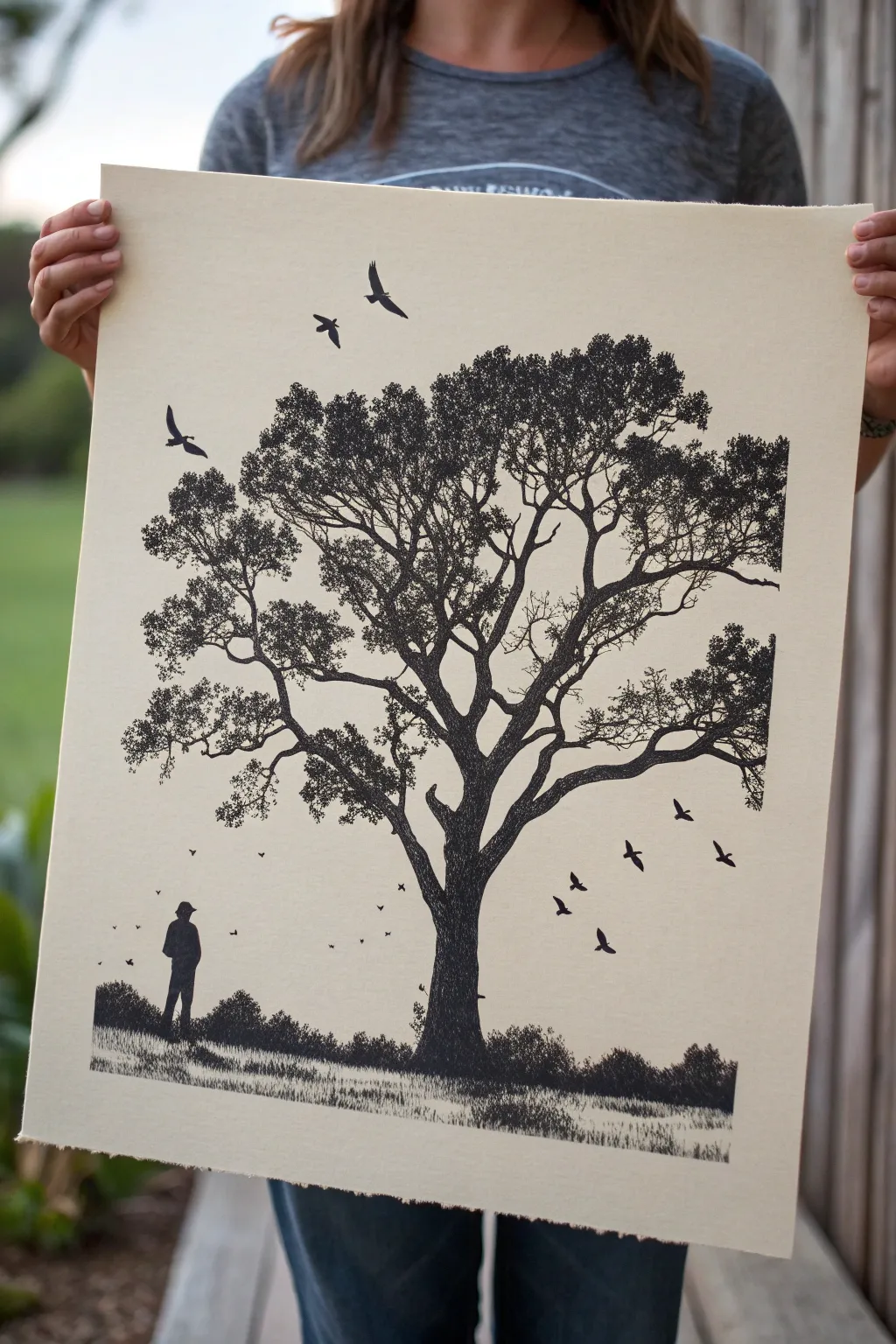 Negative space magic: a tree canopy that reveals birds in the gaps, simple two-tone beauty.