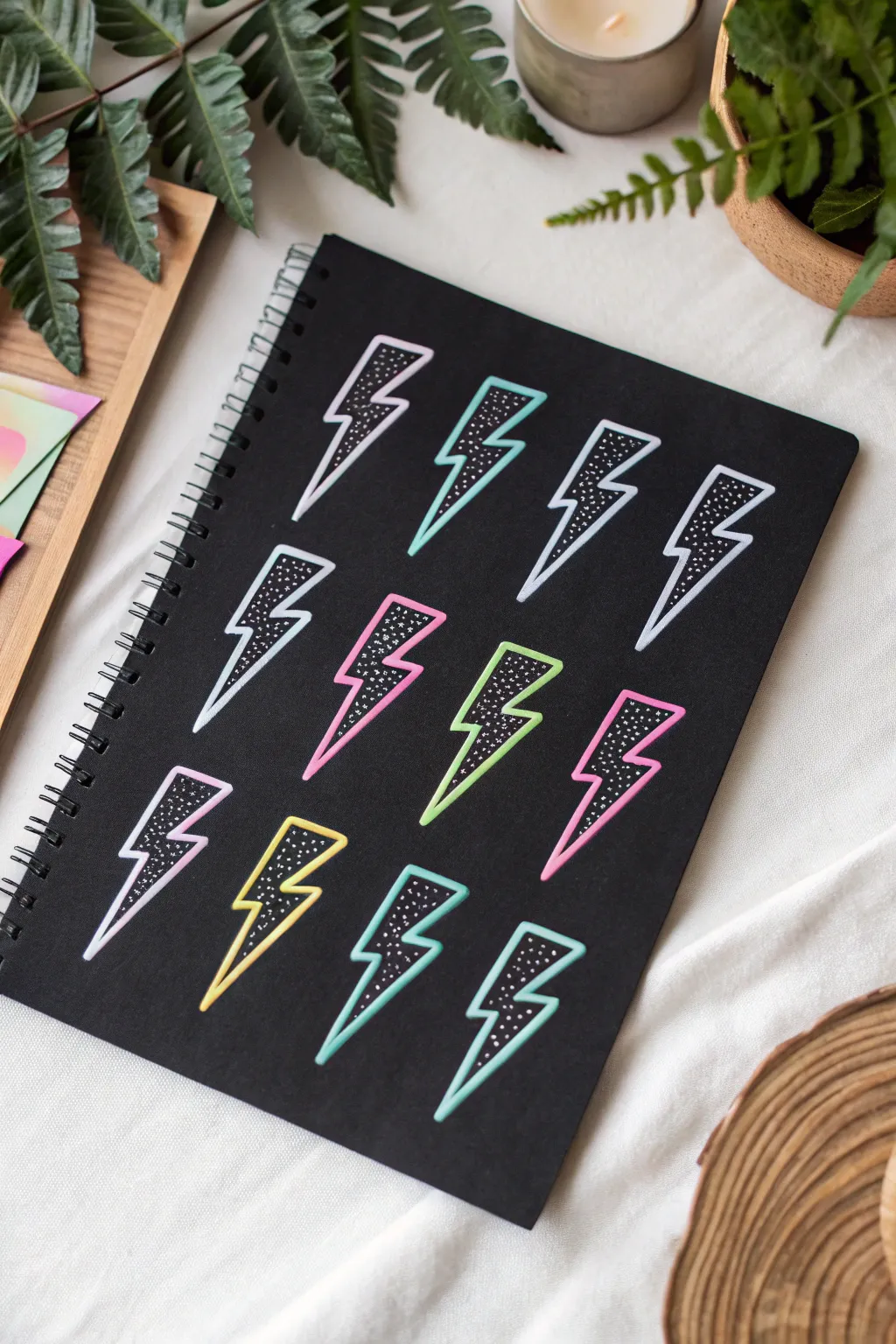 Minimal neon lightning bolt doodle set on black cardstock with crisp white highlights and glow
