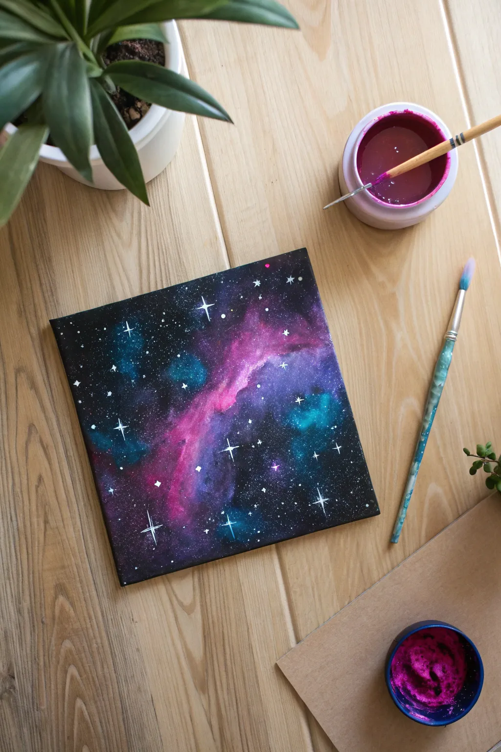 Learn to create a dreamy cosmic nebula with neon stars using a simple toothbrush splatter technique.