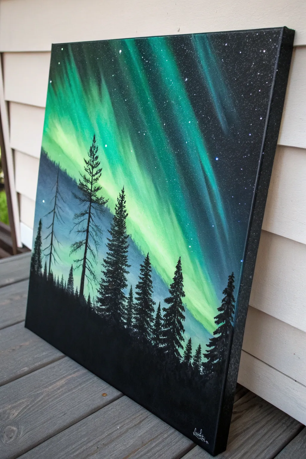 Neon aurora ribbons glow over dark pine silhouettes on a matte black canvas