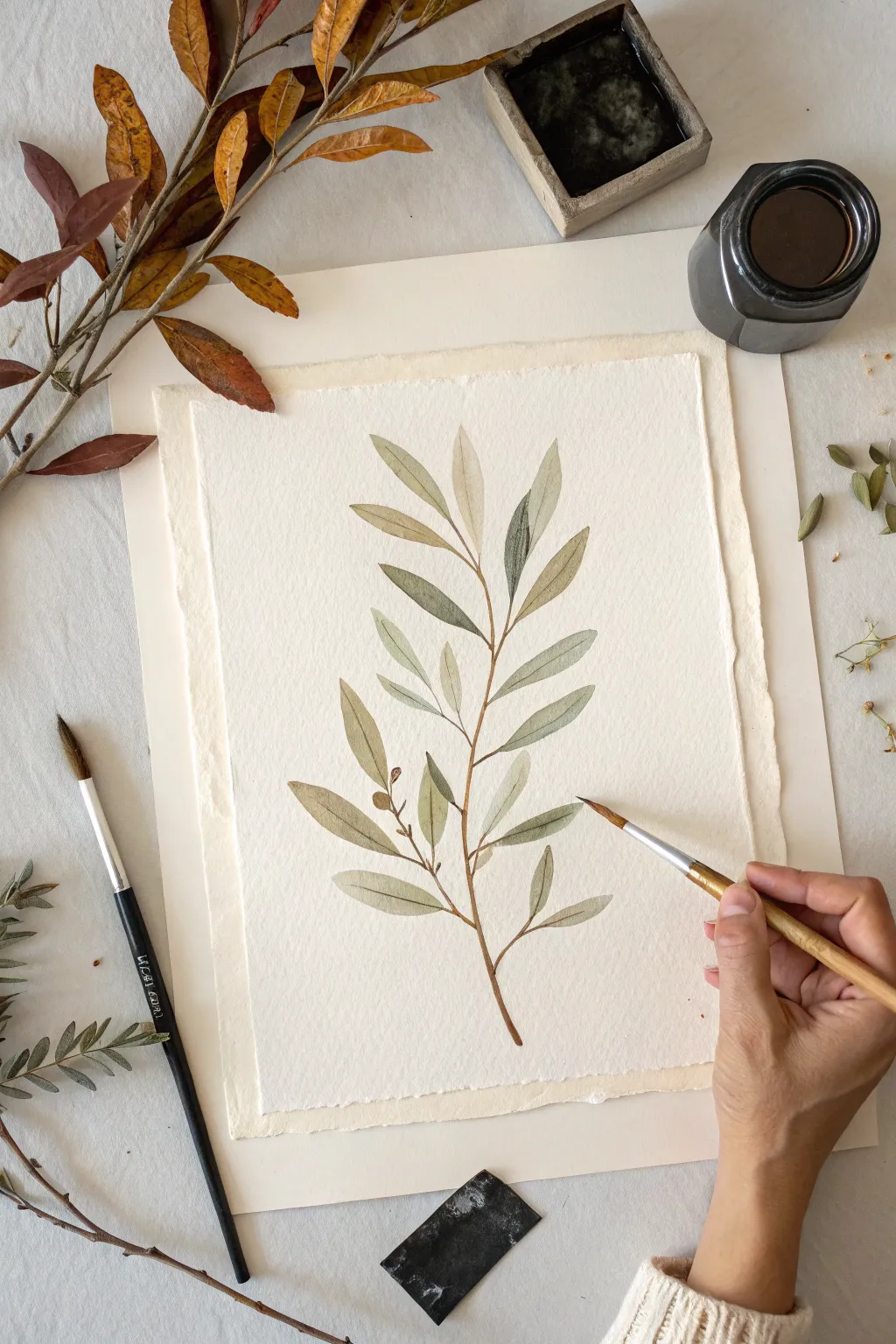 Airy neutral botanical silhouettes in olive and umber, minimalist and calming to paint.