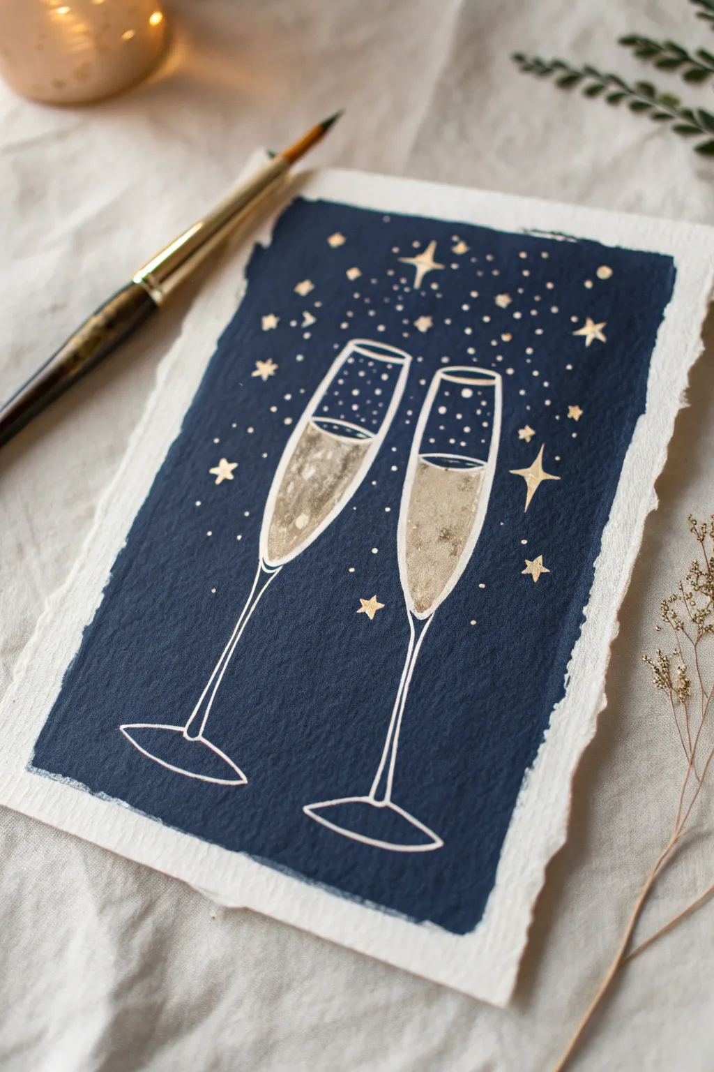 Easy New Year art: minimalist champagne flutes clinking with sparkles on a midnight backdrop.