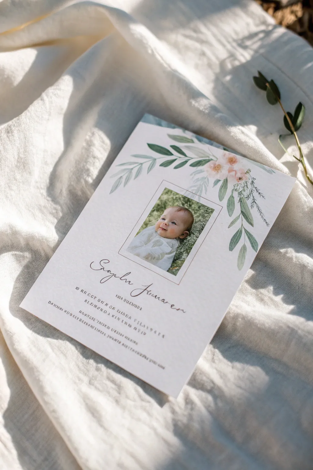 Minimal watercolor birth stats card idea with airy wash, soft splatter, and modern calligraphy