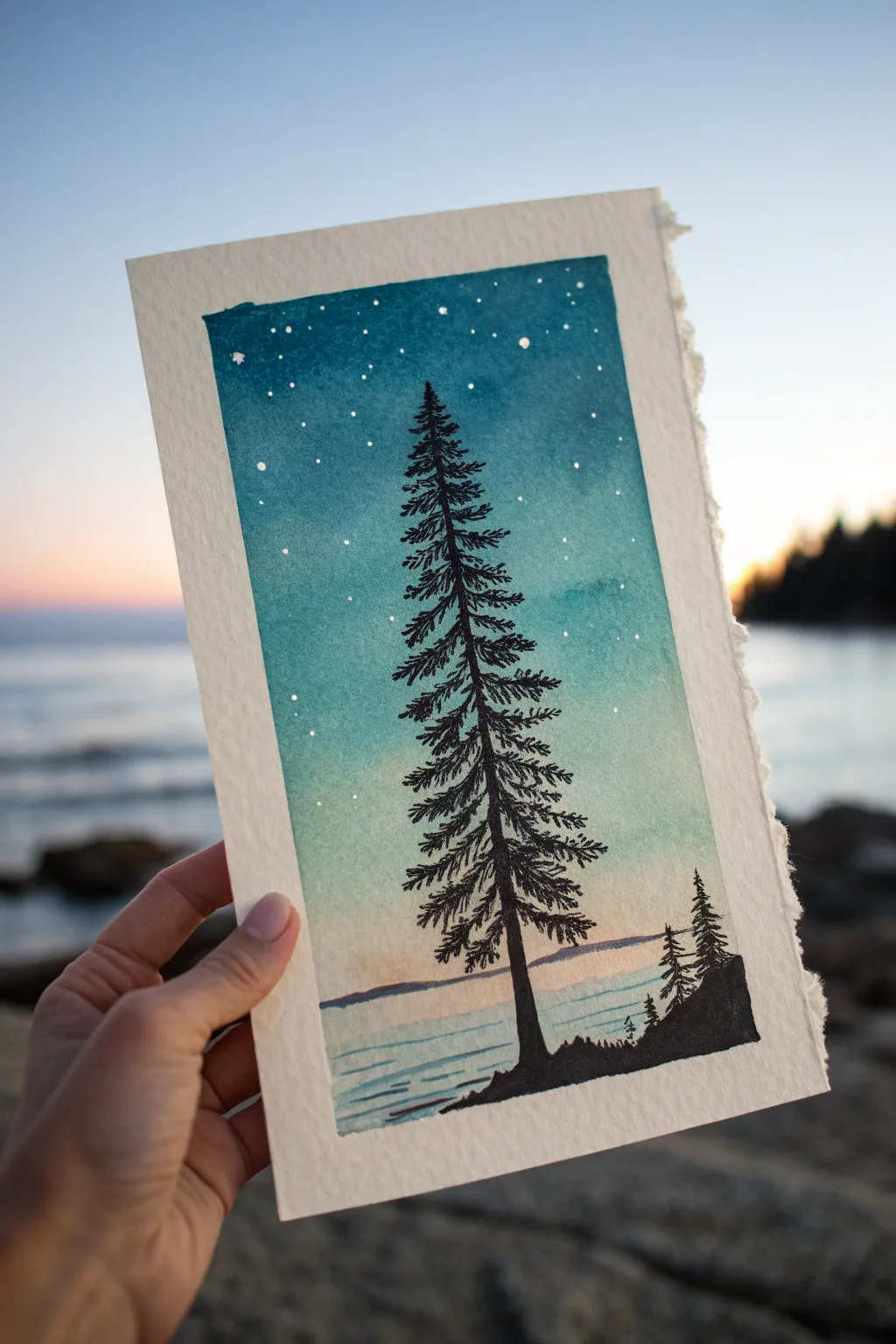 Pine tree silhouette under a gradient night sky with a dense star cluster for easy inspiration