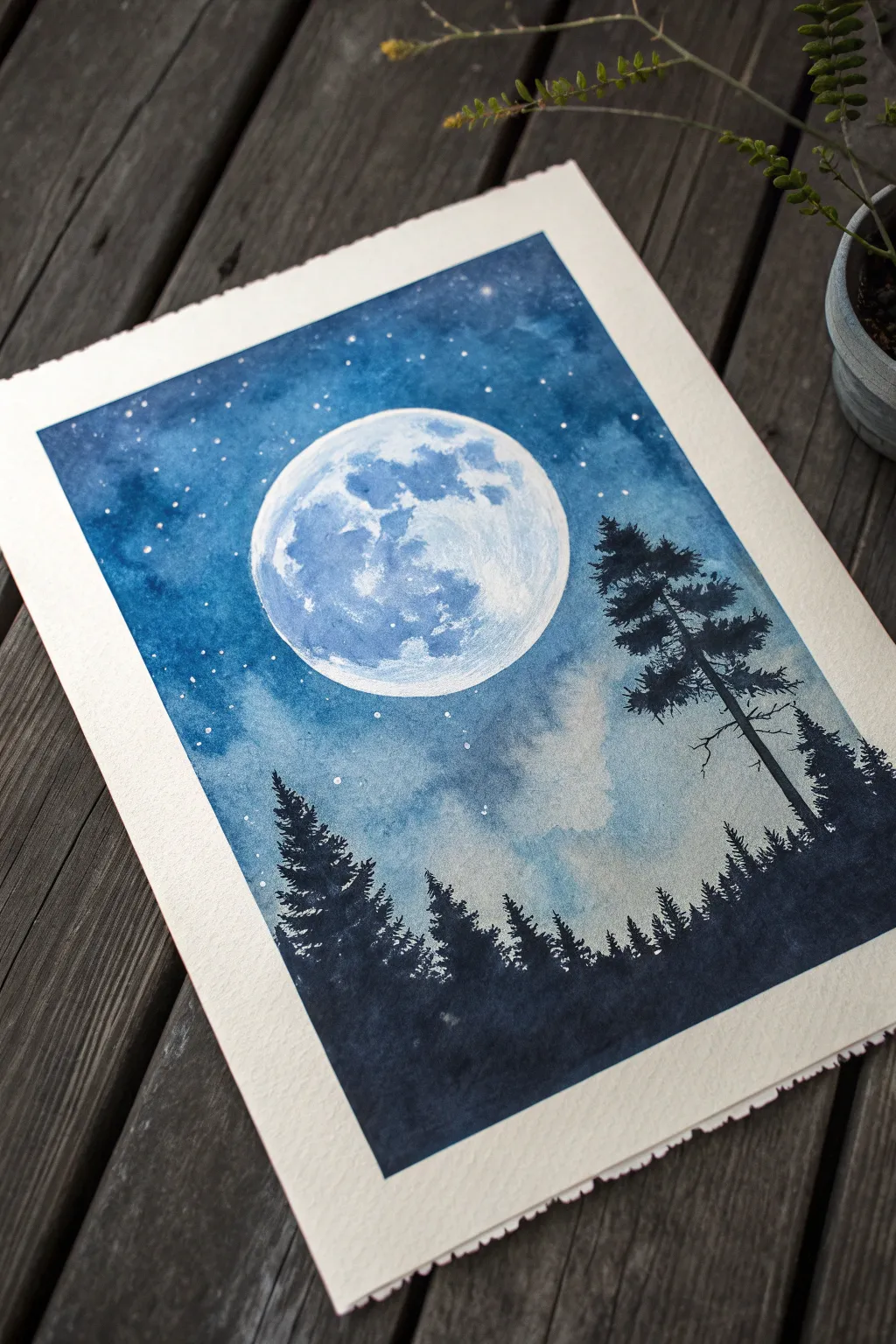 Big full moon with dreamy night clouds in minimalist Scandinavian style, perfect night sky paint idea