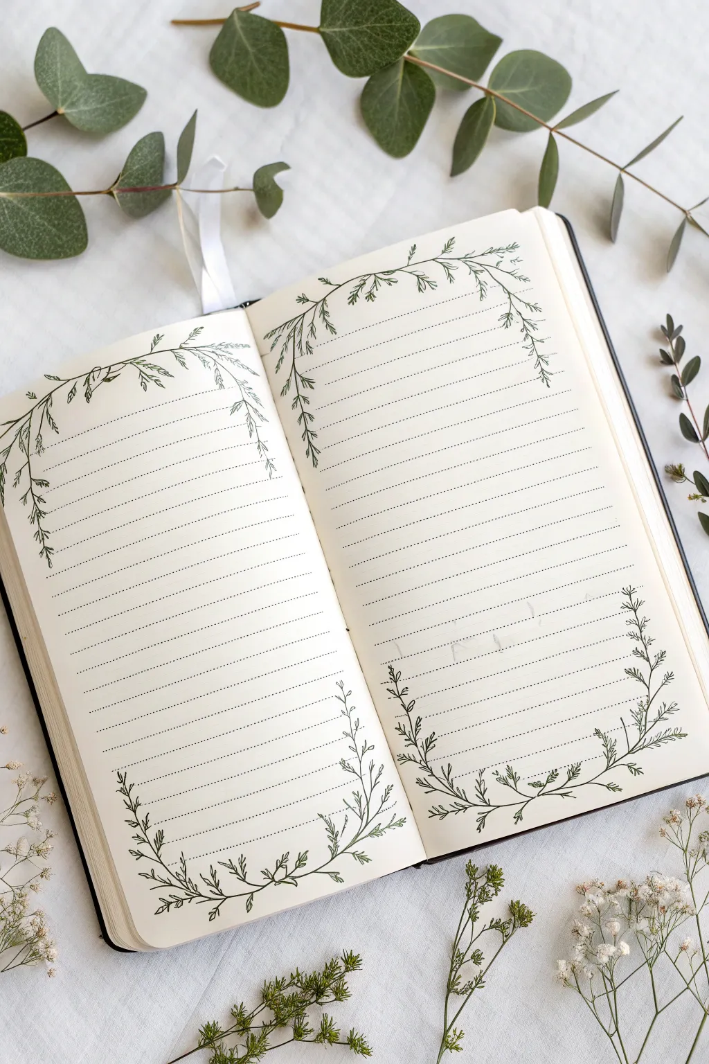 Minimal botanical corner frames to inspire clean, calming notebook drawing ideas
