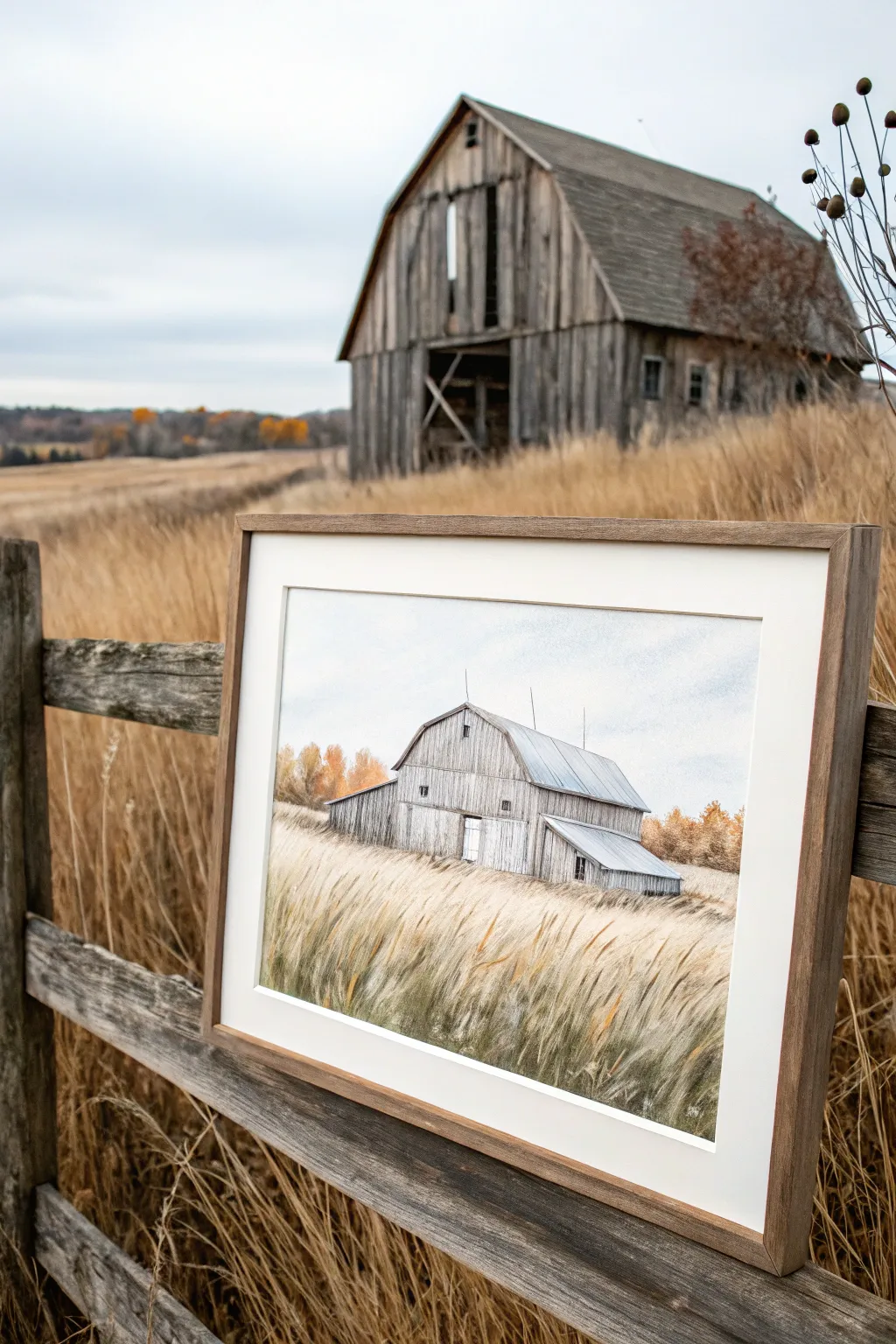 Rustic barn glow in a November harvest field, soft minimalist tones and cozy fall chill.