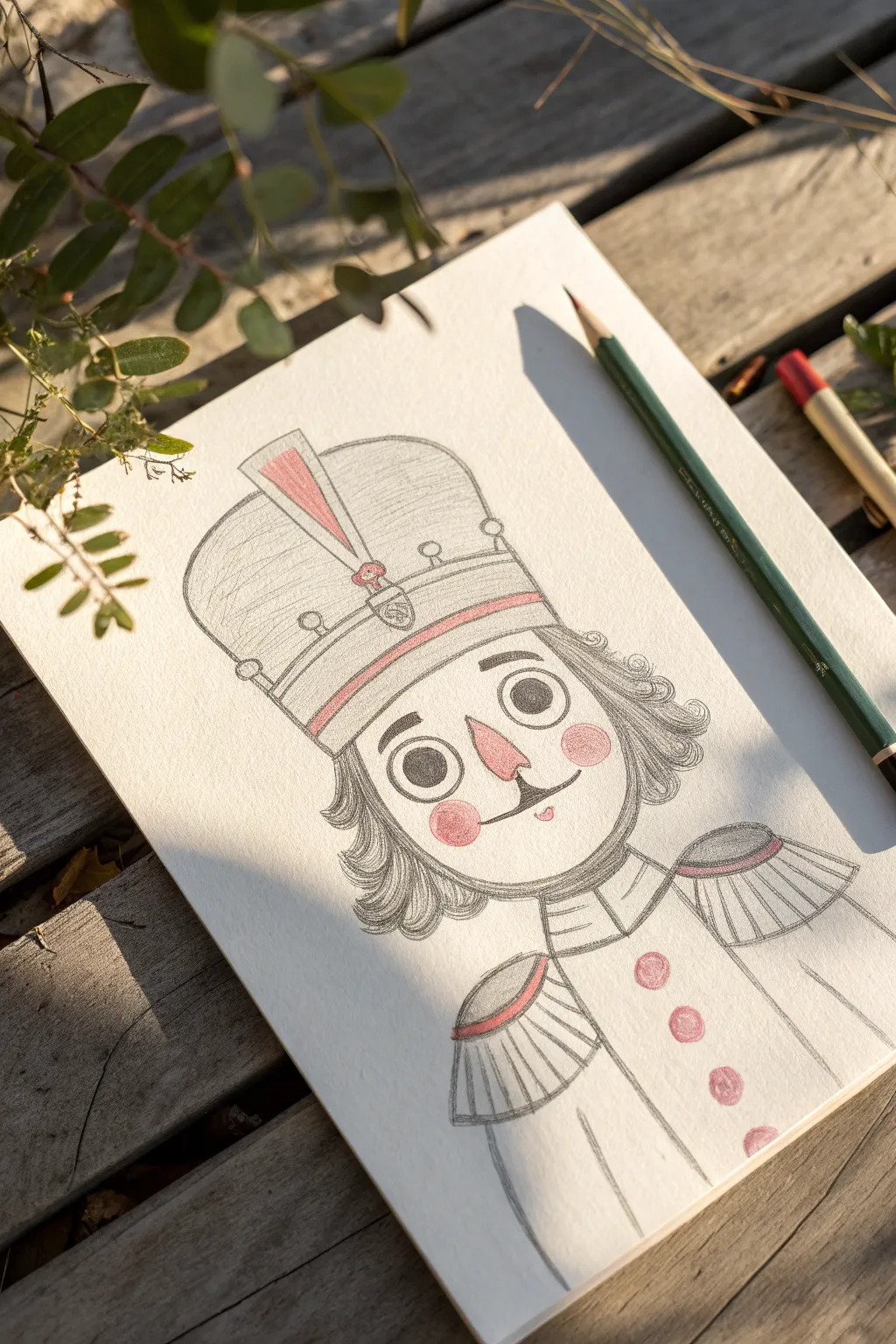 Cute nutcracker face sketch with big eyes, rosy cheeks, and clean minimalist lines