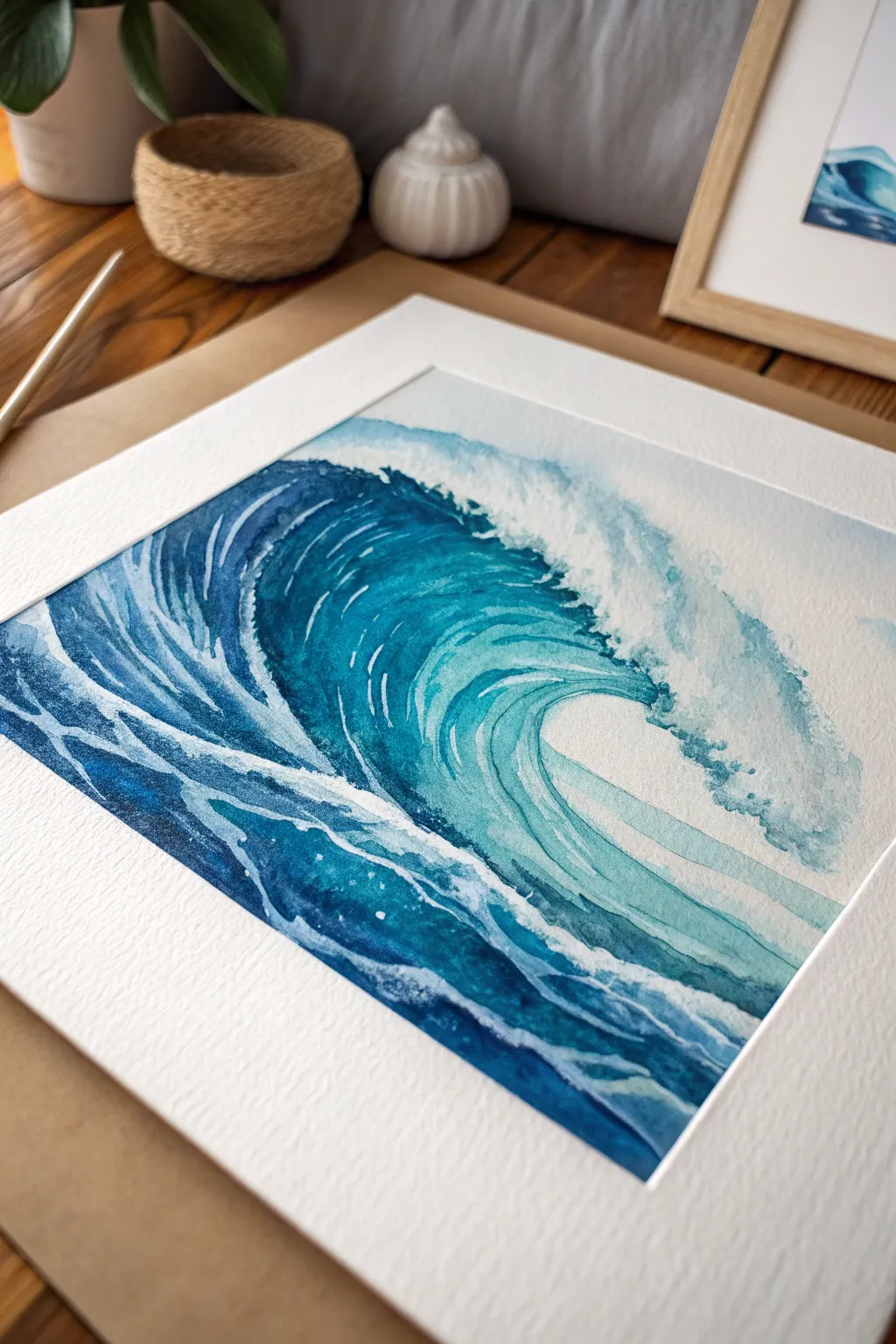 Layered blues and crisp foam lines make this rolling wave pattern soothing and beginner-friendly