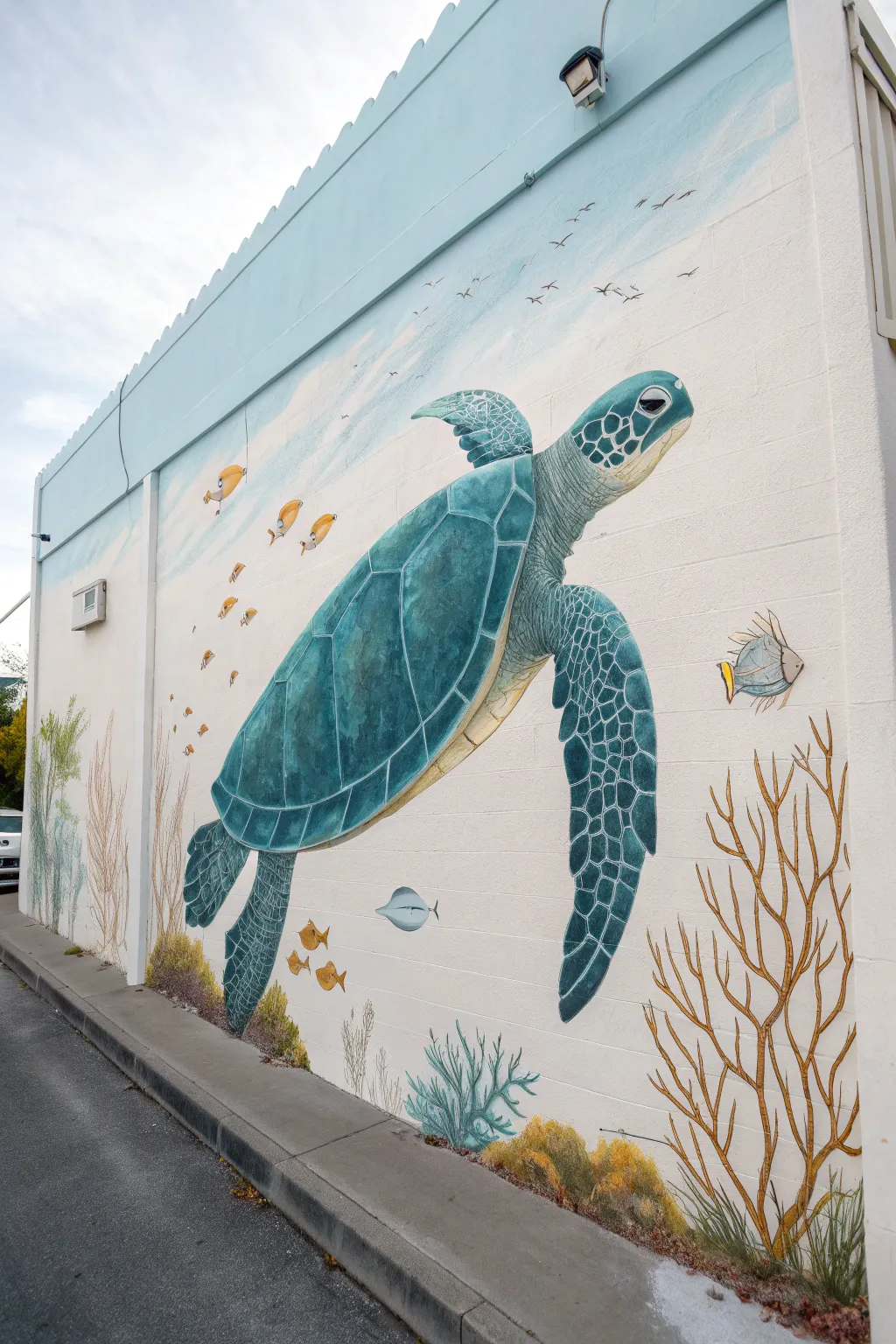 Big hero sea turtle mural with minimalist reef details, soft bubbles, and calm Scandinavian boho tones