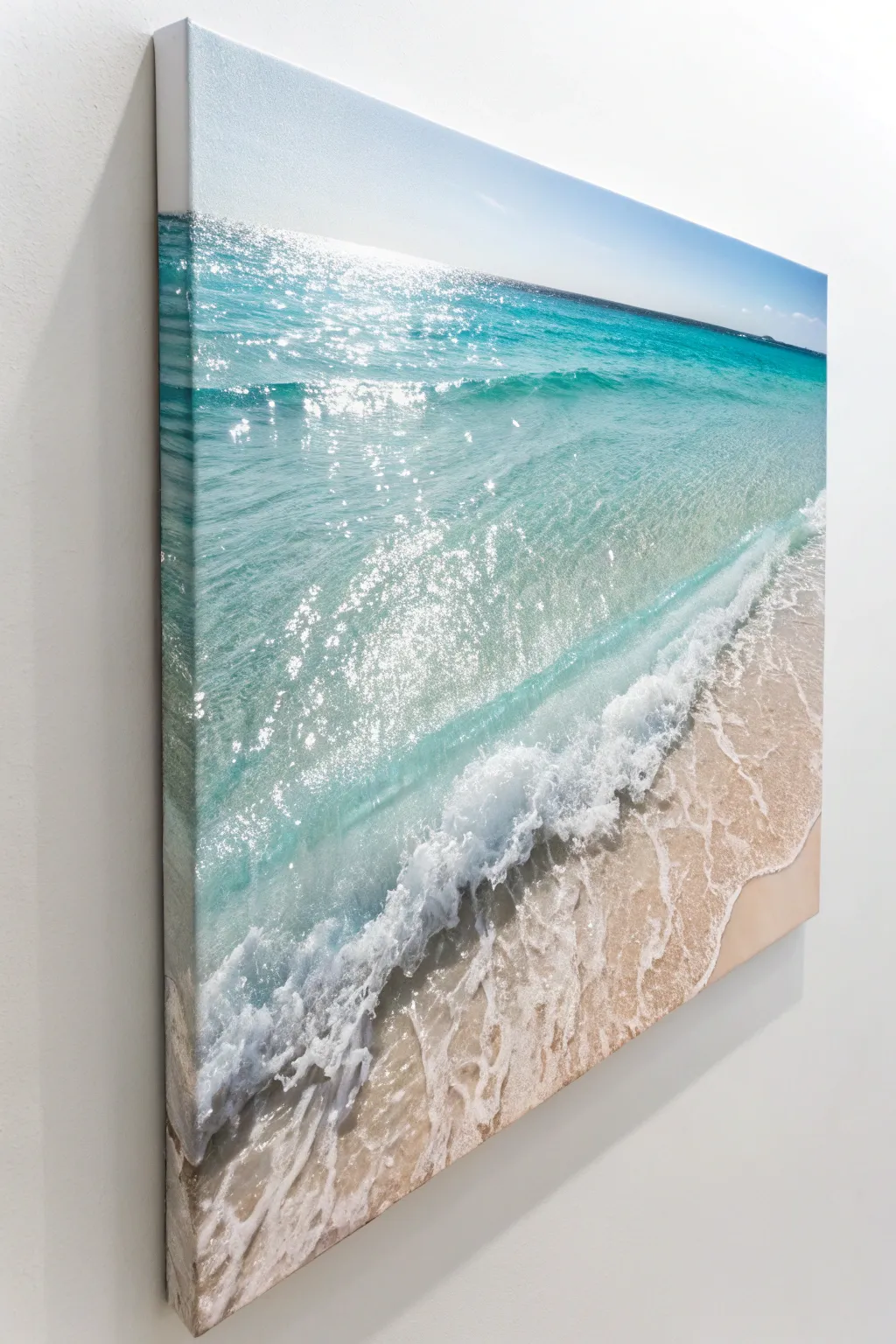 Sunlit shallow shoreline painting with turquoise water, soft foam, and sparkling highlights