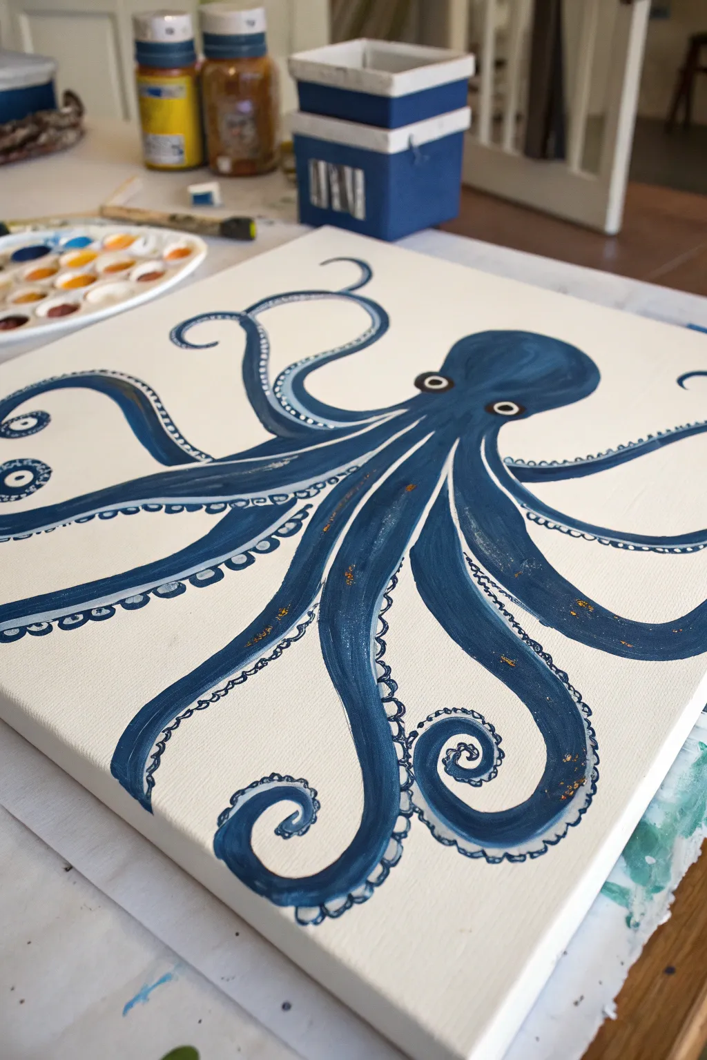 Bold, easy acrylic octopus with thick paint and big swooping tentacles on a clean neutral canvas