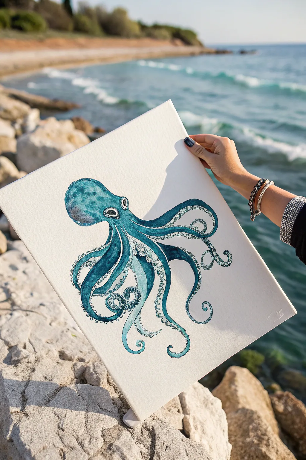 Classic teal and sea-green octopus painting with minimalist Scandinavian calm and bold contrast