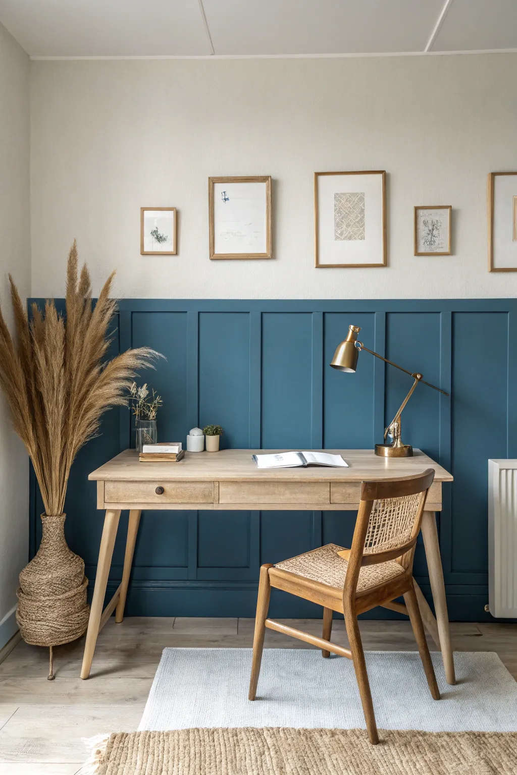 A serene blue accent wall creates a calm, focused backdrop for a simple Scandinavian desk.
