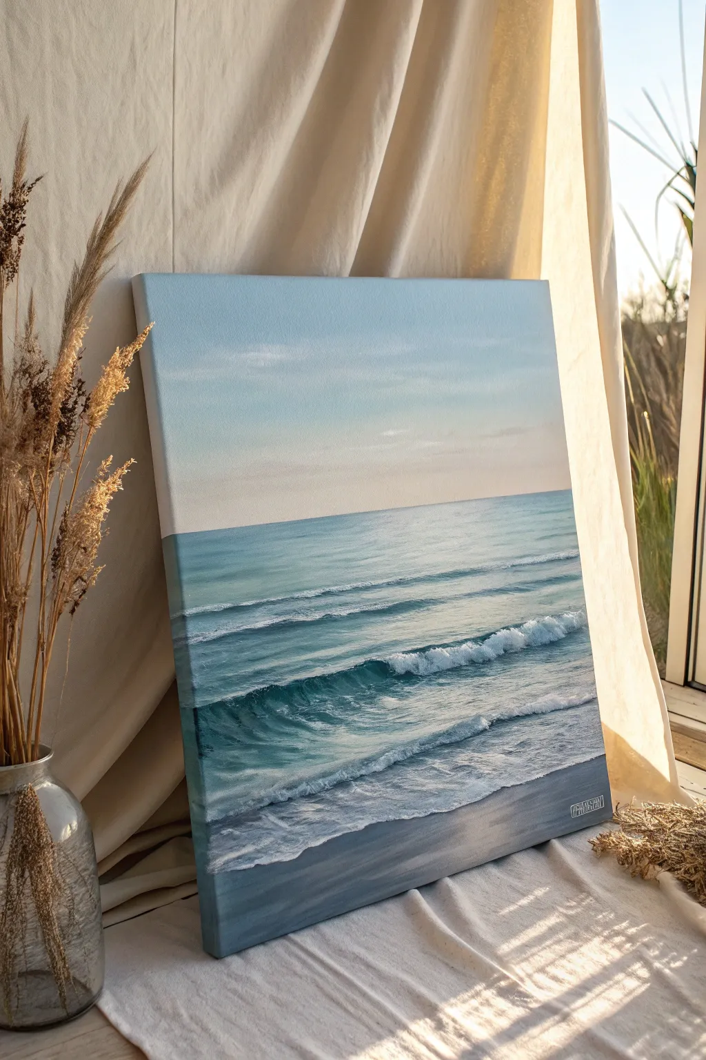 Calm layered blues and grays with a crisp horizon line for a soothing minimalist oil study