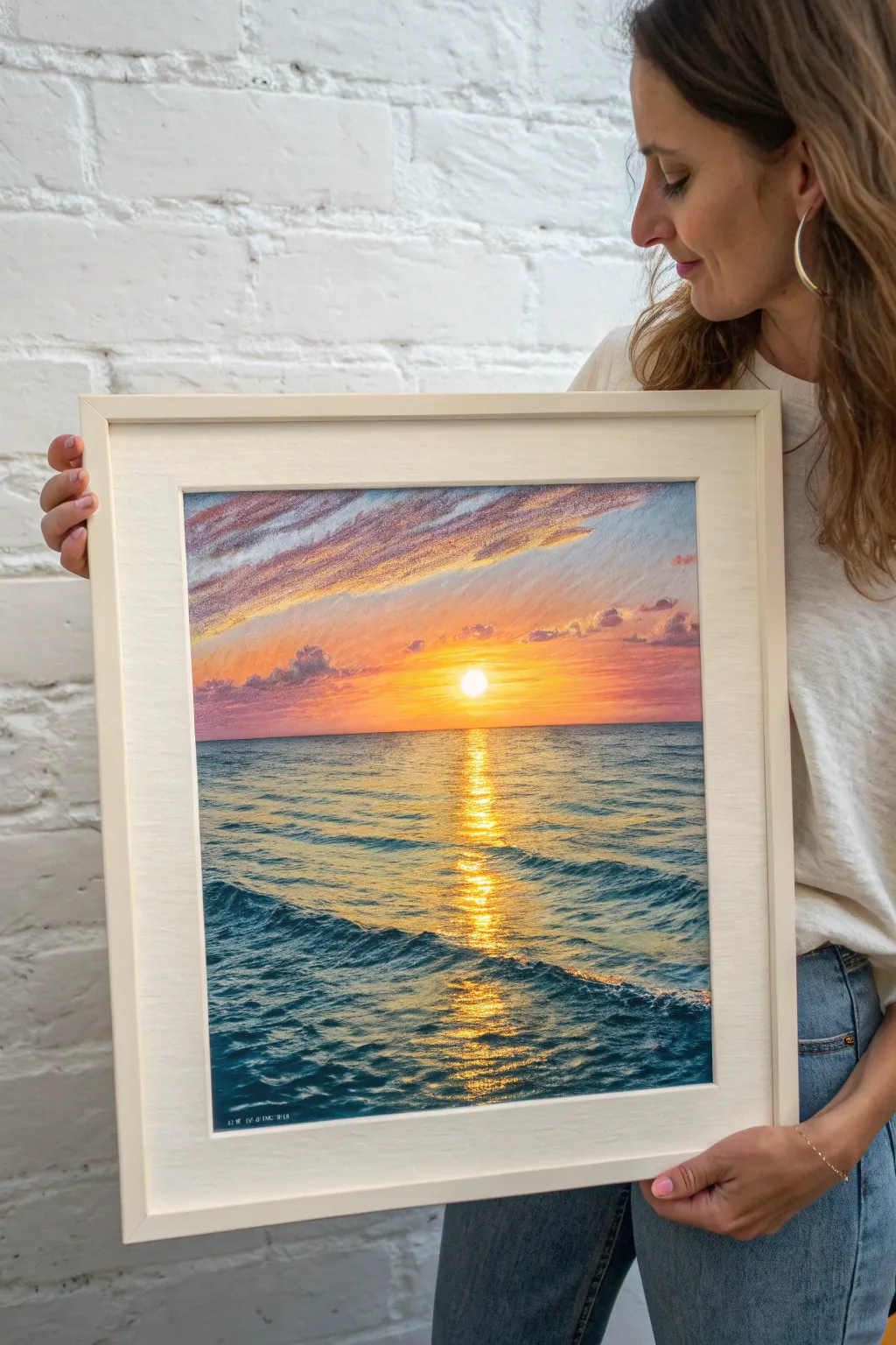 Seascape oil pastel study with a glowing sunset reflection and rich, handworked wave textures