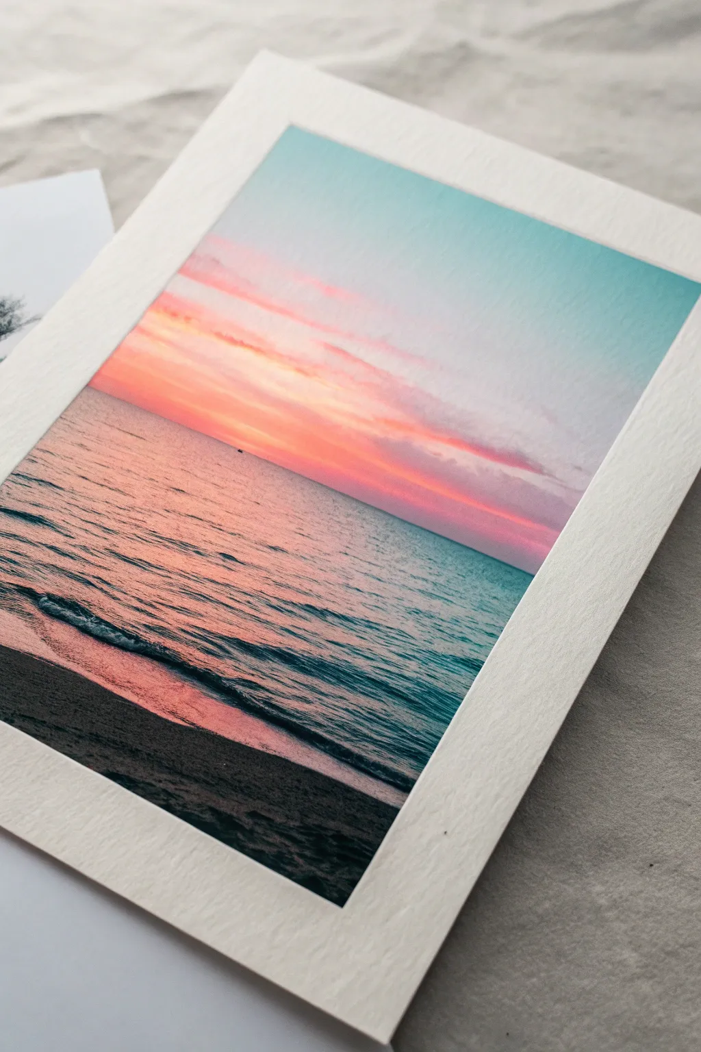 Bold oil pastel ocean horizon with mirror reflections, minimalist shoreline silhouette and sunset glow