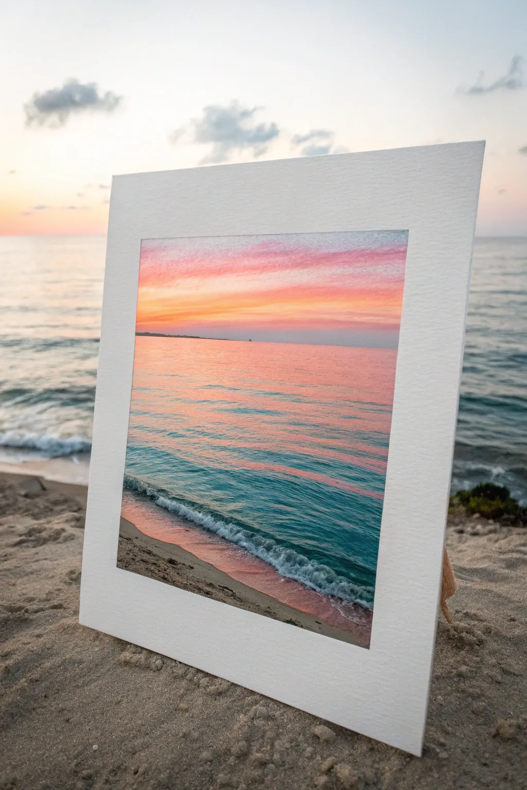 Ocean Horizon in oil pastel: clean minimalist sunset reflections with soothing, handcrafted texture